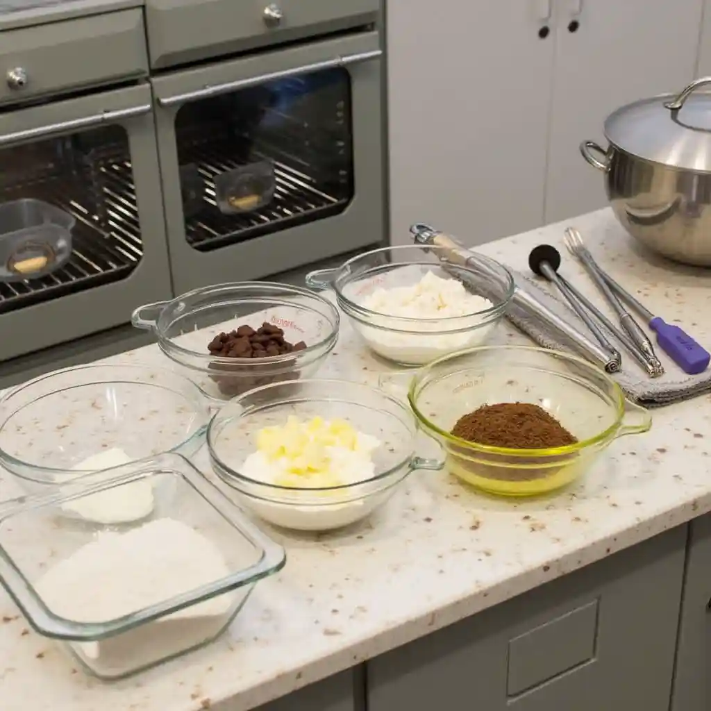 A fully organized kitchen workspace with pre-measured ingredients, essential baking tools, and a preheated oven ready for baking success.