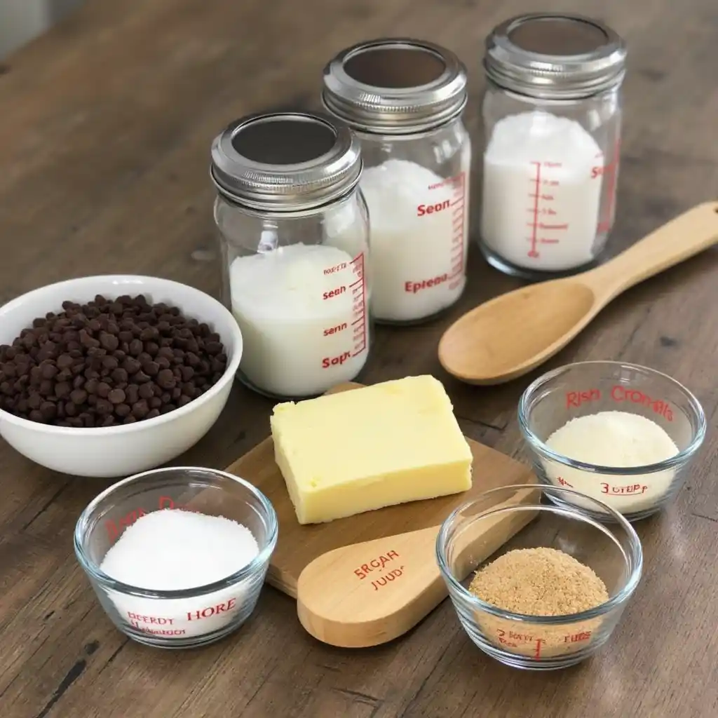 Essential ingredients for Disney chocolate chip cookies, including chocolate chips, butter, granulated and brown sugars, displayed with baking tools.
