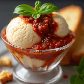 Bolognese Ice Cream recipe with a creamy ice cream base and savory bolognese sauce topped with fresh basil and Parmesan cheese.