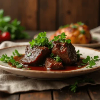 A delicious slow-cooked beef cheek meat recipe, served with rich gravy and garnished with fresh herbs.
