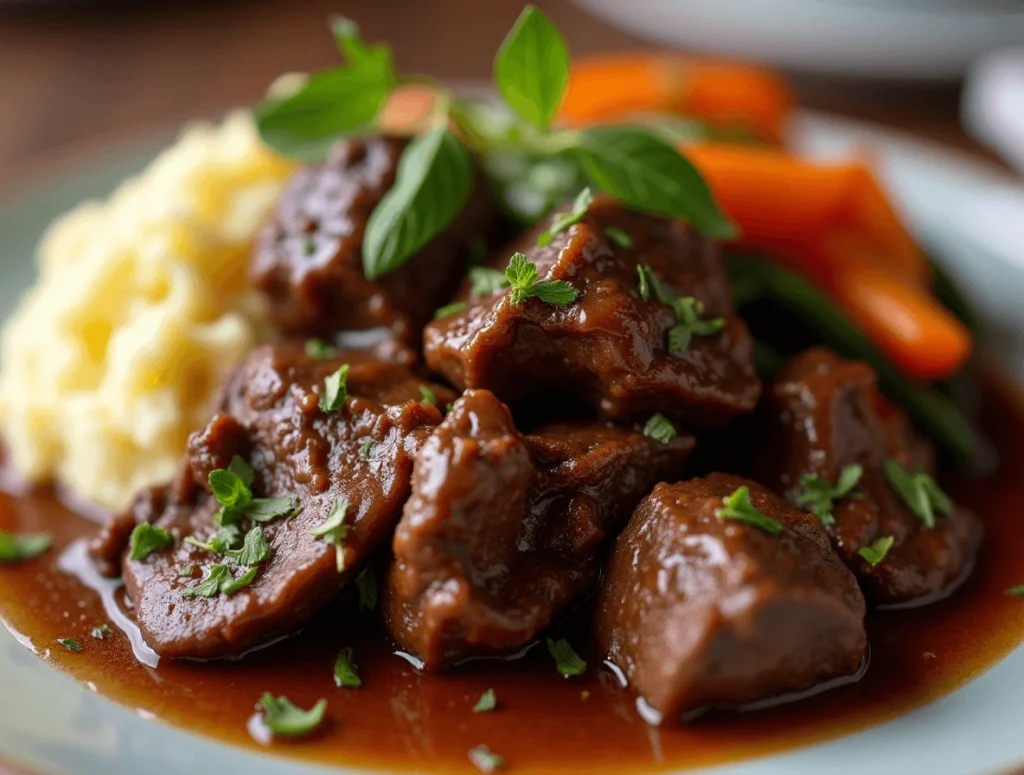 A delicious slow-cooked beef cheek meat recipe, served with rich gravy and garnished with fresh herbs.
