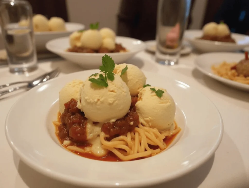 Bolognese Ice Cream recipe with a creamy ice cream base and savory bolognese sauce topped with fresh basil and Parmesan cheese.