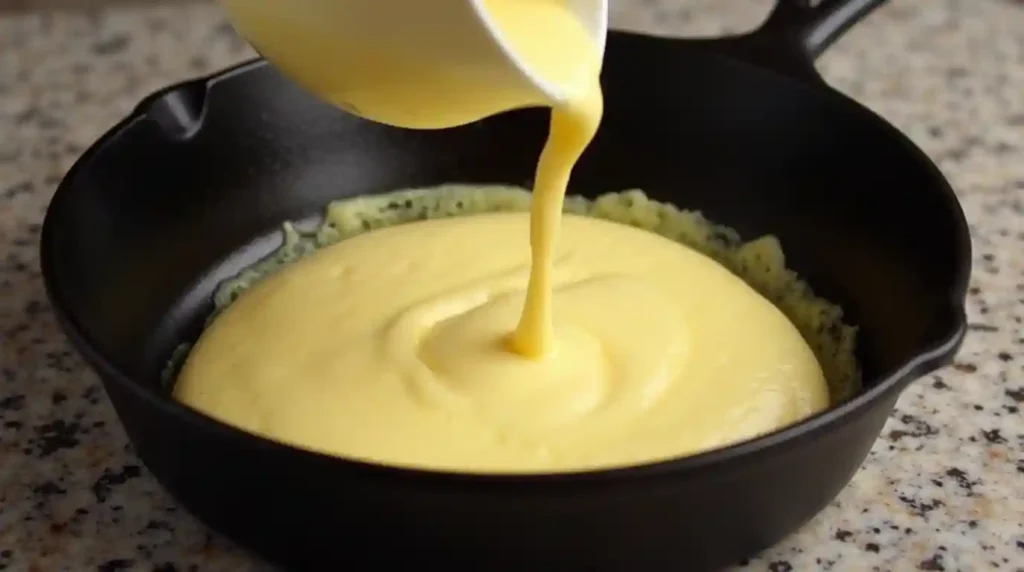 "Pouring prepared batter into a hot, butter-coated cast-iron skillet, ensuring an even spread for perfect Dutch Baby cooking."