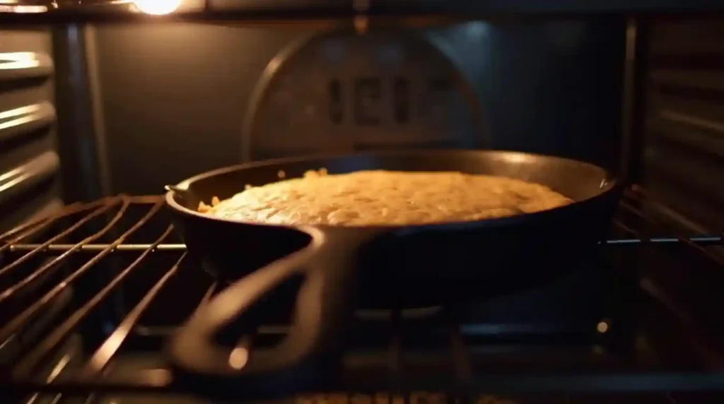 "A cast-iron skillet preheating in the oven at 425°F, ready for the batter to create a perfect Dutch Baby."