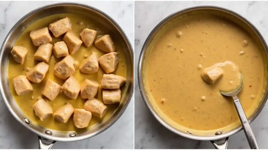 Chicken being tossed in a skillet, coated with a creamy peanut butter sauce.
