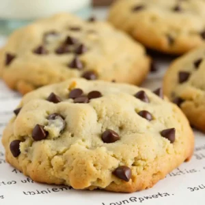 Close-up of Disney chocolate chip cookies baked with metric measurements, showing golden-brown texture and rich chocolate chips on a rustic kitchen counter.