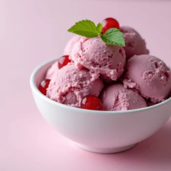 A bowl of homemade grape ice cream topped with fresh grape halves and mint leaves, showcasing a creamy and refreshing treat.