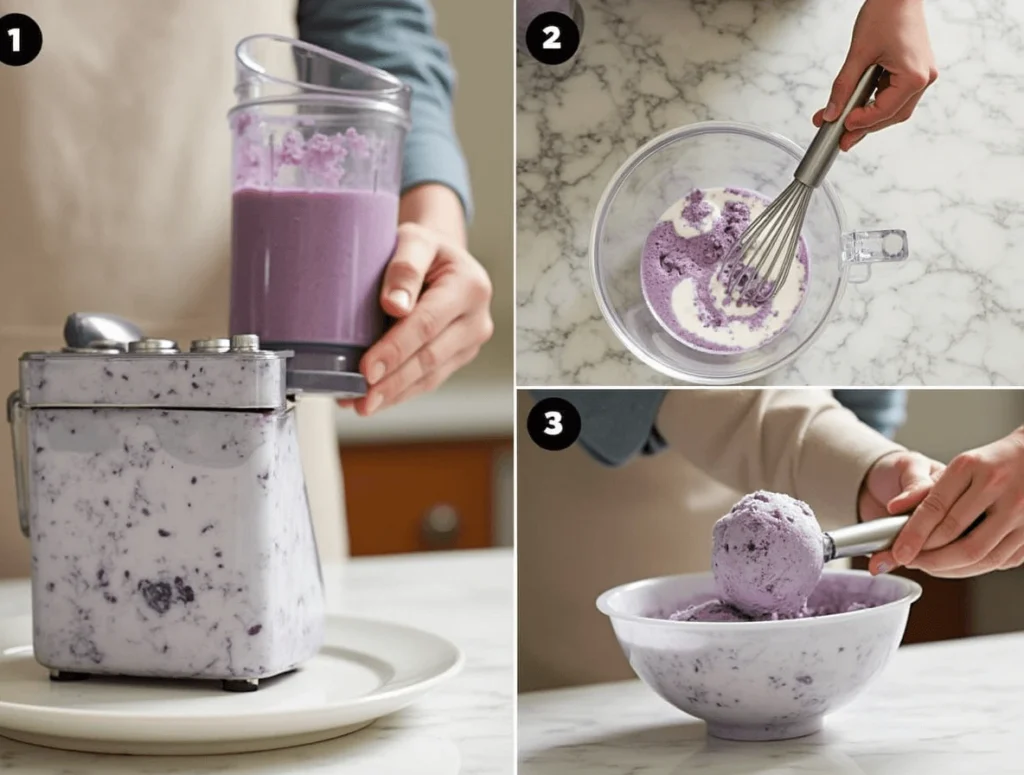 A bowl of homemade grape ice cream topped with fresh grape halves and mint leaves, showcasing a creamy and refreshing treat.