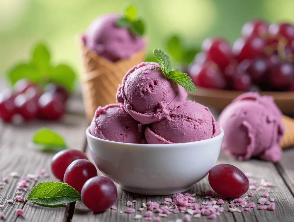 A bowl of homemade grape ice cream topped with fresh grape halves and mint leaves, showcasing a creamy and refreshing treat.