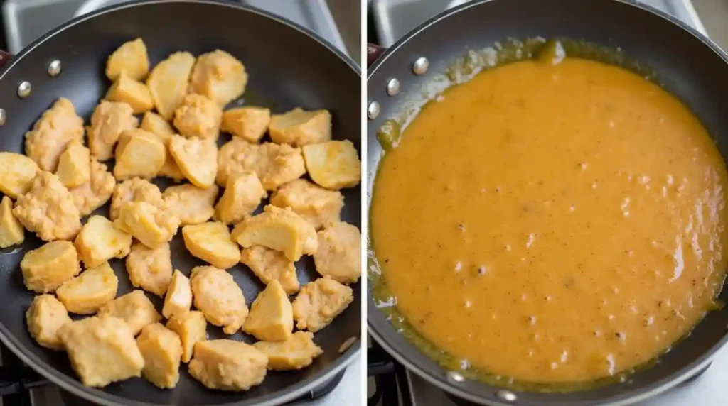 Peanut butter sauce simmering in a skillet, thickening and blending flavors.