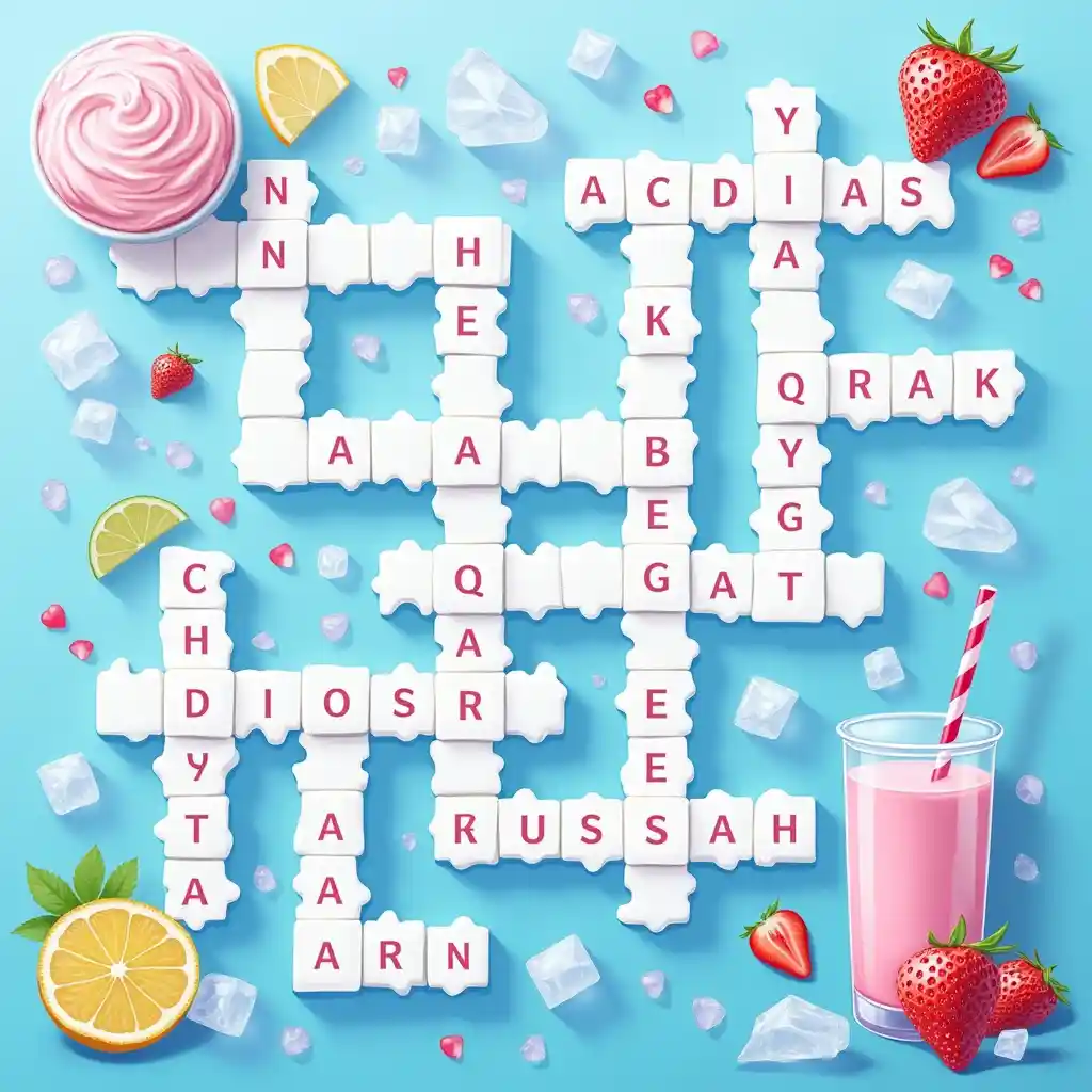 A crossword puzzle featuring clues about cold yogurt drinks, including words like lassi, ayran, and smoothie, with visual elements like yogurt and fruit.