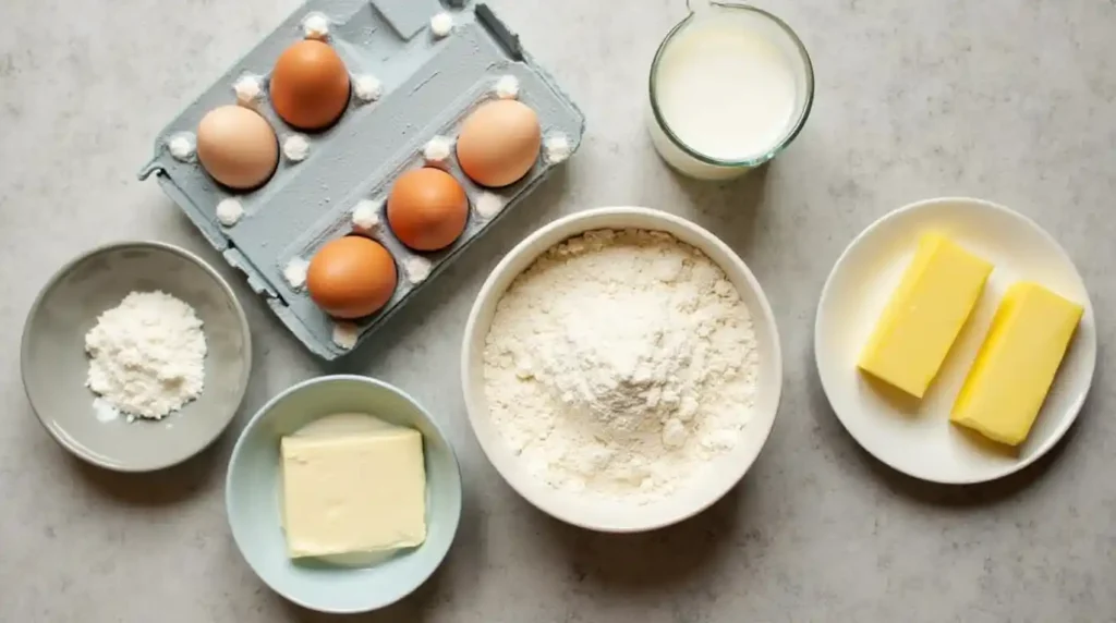 A collection of essential ingredients for a classic Dutch Baby, including flour, eggs, milk, and butter, arranged to showcase the simplicity and charm of the dish.