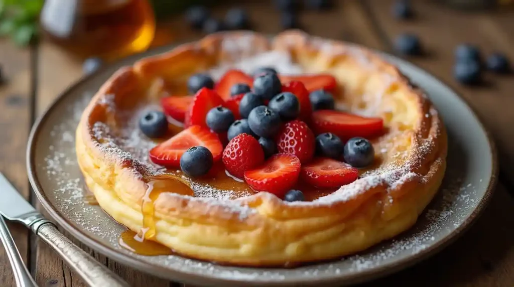 A fluffy Dutch Baby pancake topped with powdered sugar, fresh berries, and syrup, creating the perfect breakfast treat