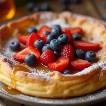 A fluffy Dutch Baby pancake topped with powdered sugar, fresh berries, and syrup, creating the perfect breakfast treat