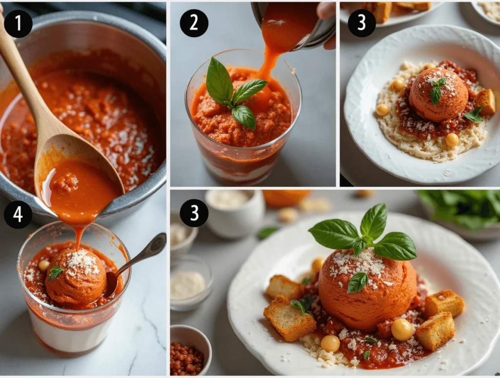Bolognese Ice Cream recipe with a creamy ice cream base and savory bolognese sauce topped with fresh basil and Parmesan cheese.
