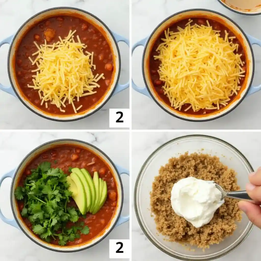 "Step 2: Adding toppings like cheese, sour cream, cilantro, and avocado to Taco Soup Frios."