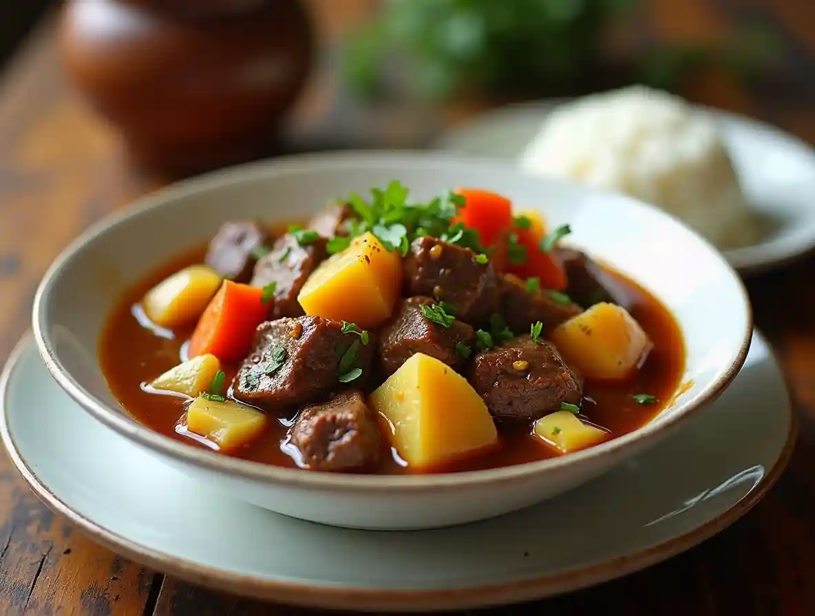 A bowl of hearty Hawaiian beef stew with tender beef, vegetables, and pineapple served with steamed rice on a rustic wooden table.