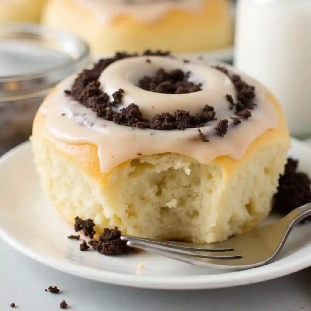 Soft and fluffy cookies and cream cinnamon rolls topped with a creamy glaze, served on a plate with crushed cookies sprinkled on top.