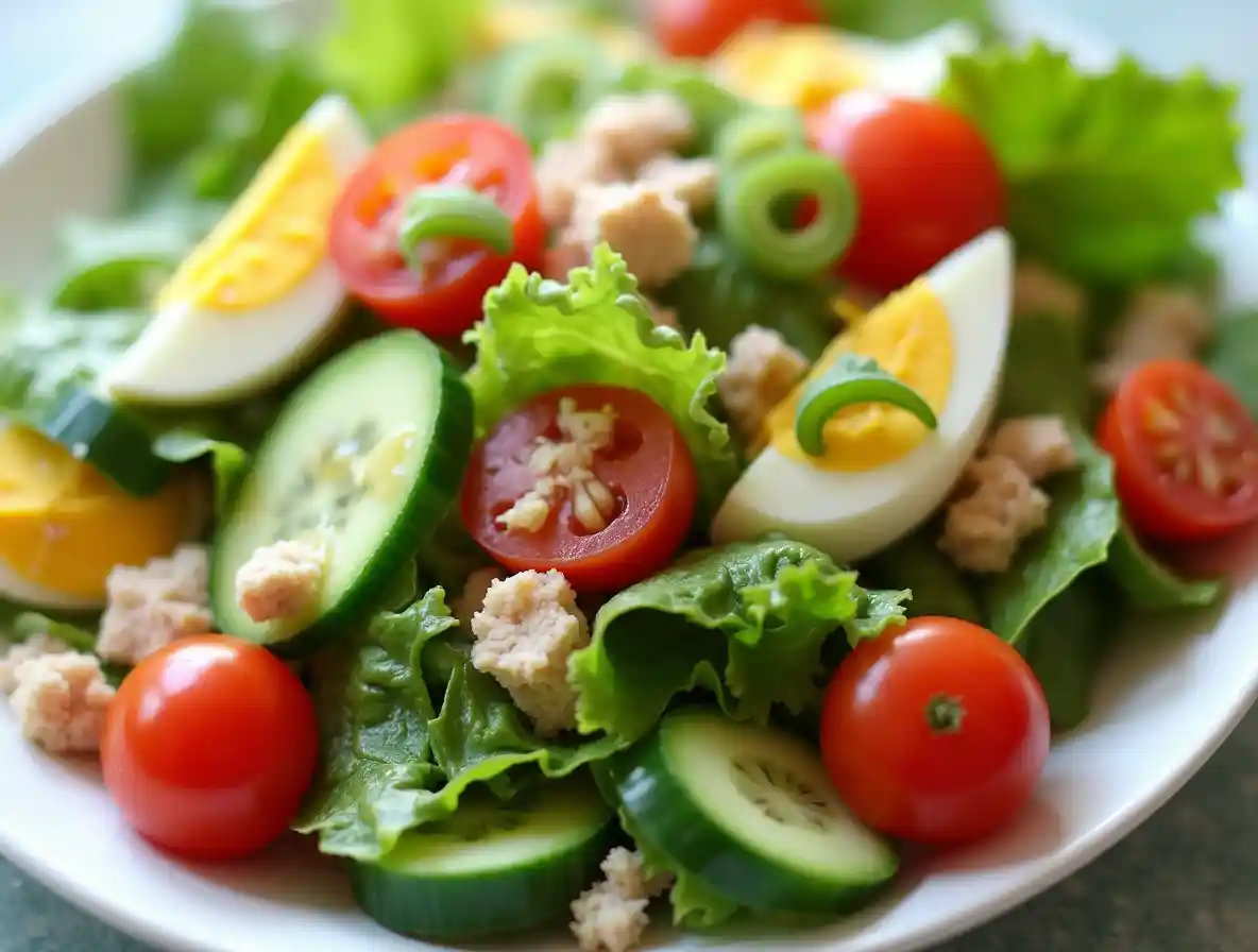 Fresh and colorful Irish Salad with tomatoes, lettuce, cucumbers, scallions, and cheddar cheese.
