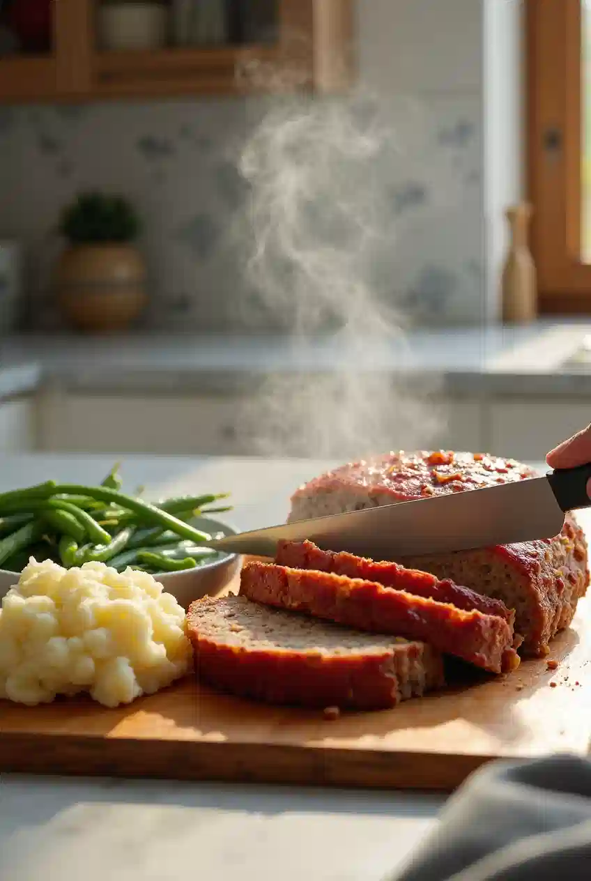 A freshly baked, juicy meatloaf sliced on a wooden cutting board, served with mashed potatoes and green beans in a bright, welcoming kitchen.