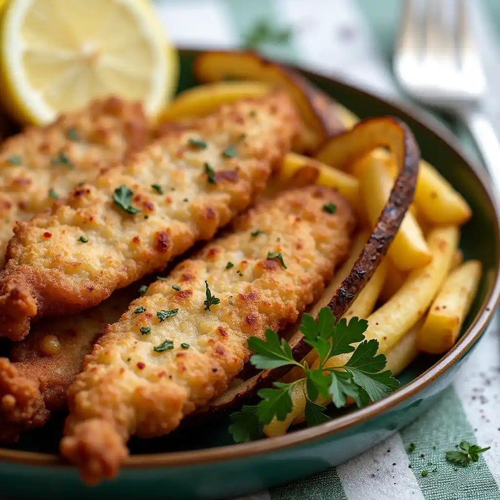 Crispy Chicken Tenders and Fries served with dipping sauce.
