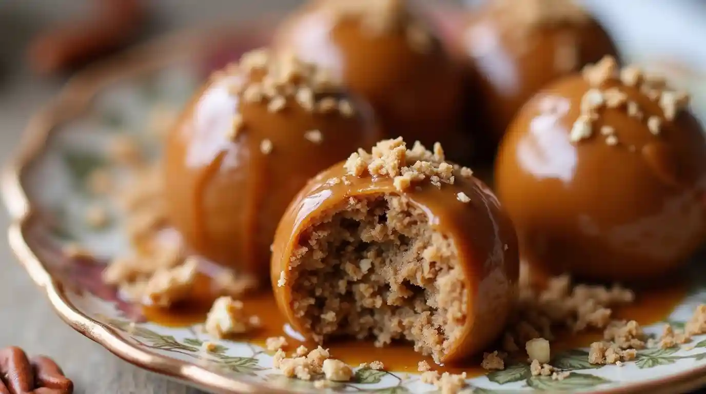 Close-up shot of pecan pie balls with rich caramel flavor, coated in caramel glaze and sprinkled with crushed pecans.