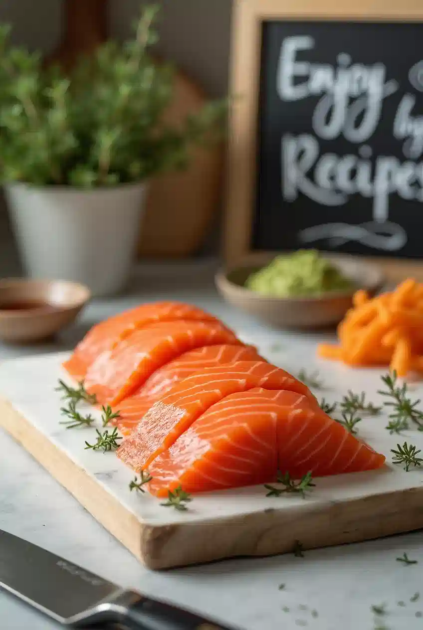 "Fresh salmon sashimi slices arranged on marble plate with soy sauce, wasabi and pickled ginger, styled in a bright modern kitchen with wooden cutting board and fresh herbs - easy homemade Japanese recipe"